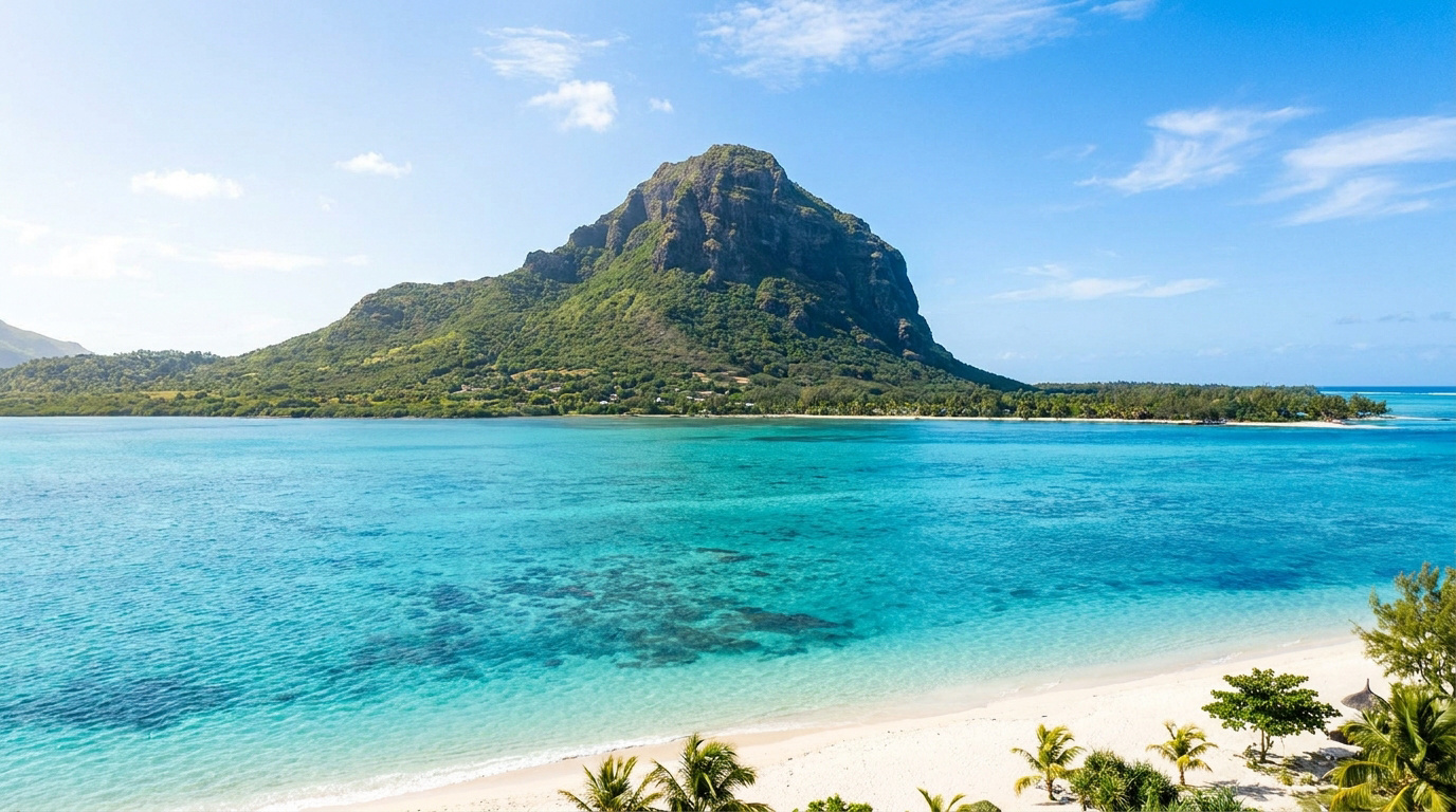 Vue aérienne du Morne Brabant, montagne verdoyante et lagon turquoise avec plage de sable blanc et palmiers à l'île Maurice.