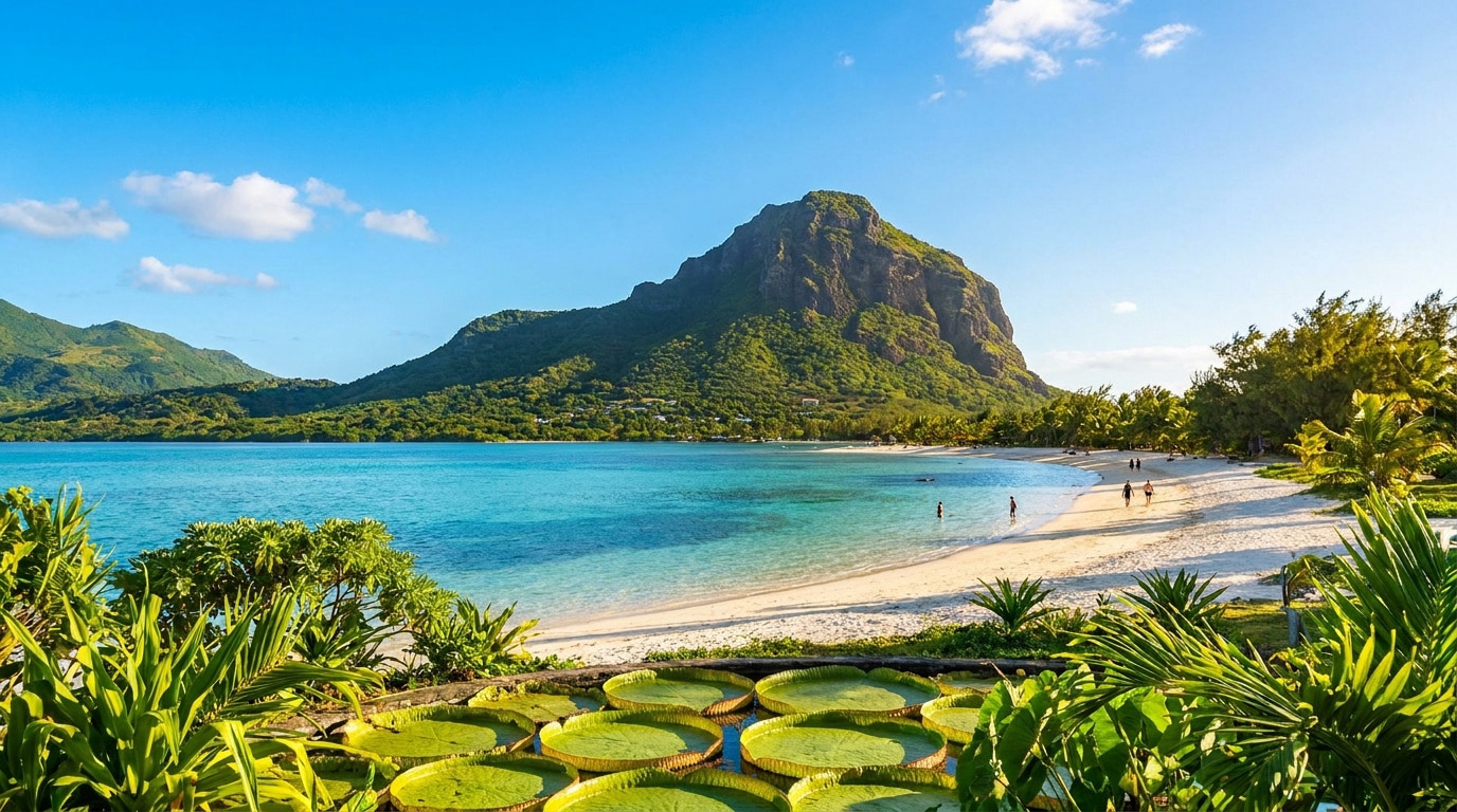 Vue panoramique sur Le Morne Brabant, plage de sable blanc et eaux turquoise, avec nénuphars géants au premier plan.
