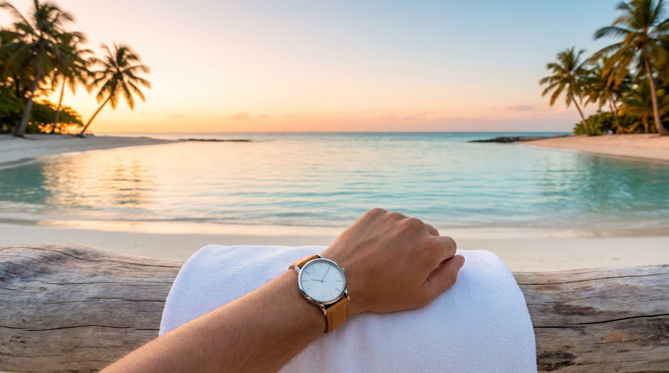 Main avec montre devant une plage tropicale paradisiaque au coucher de soleil, évoquant le décalage horaire à l'île Maurice.