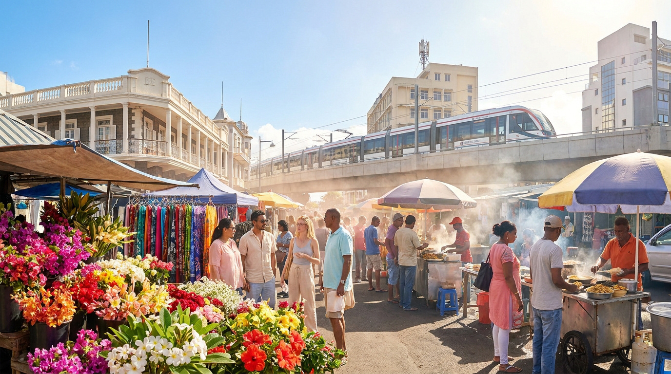 Marché vibrant à Quatre Bornes, Maurice. Étals de fleurs colorées, vendeurs de rue, personnes et tramway moderne en arrière-plan sous le soleil.