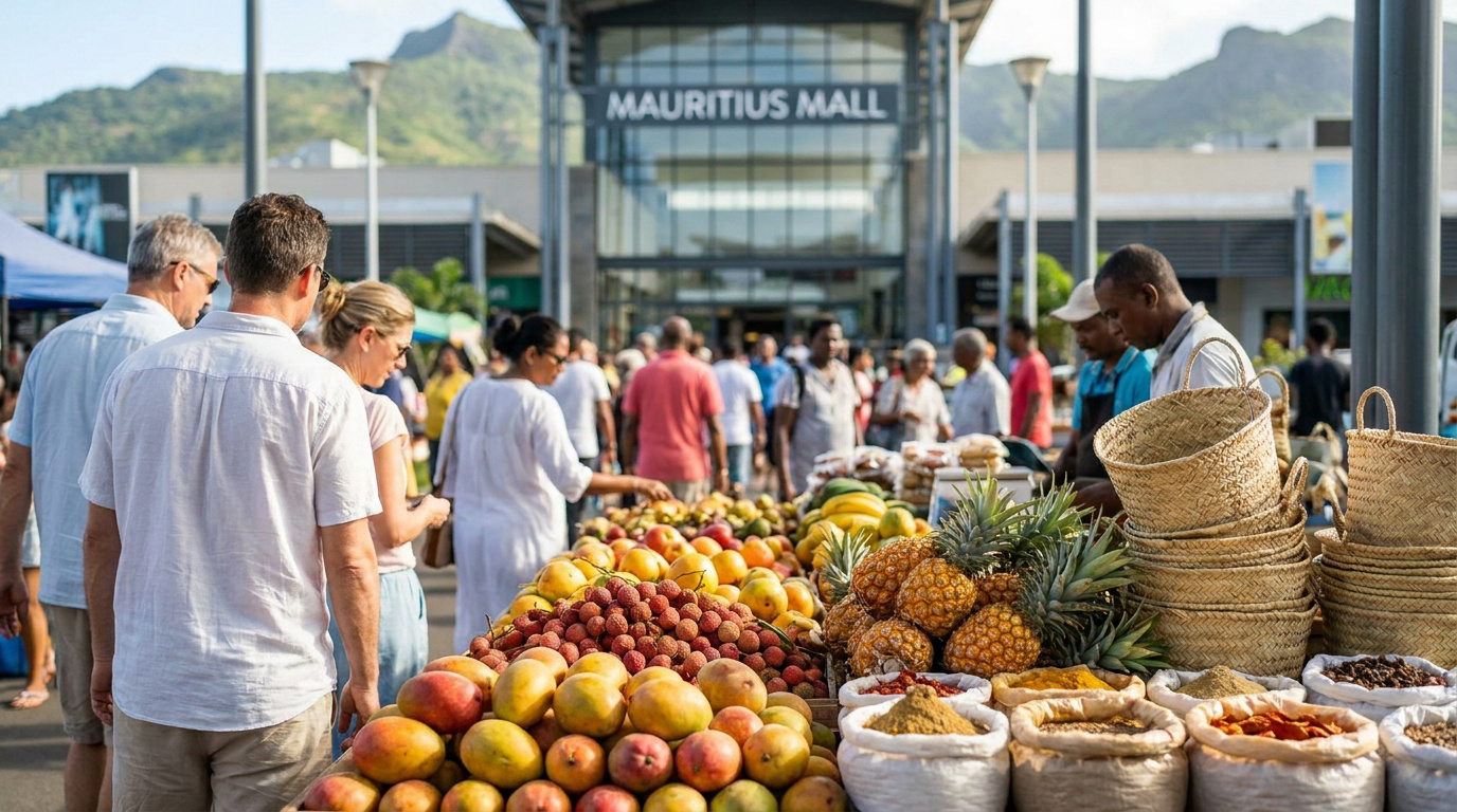 Marché mauricien animé avec fruits frais, épices et paniers tressés. Le Mauritius Mall moderne se dresse en arrière-plan avec des acheteurs.