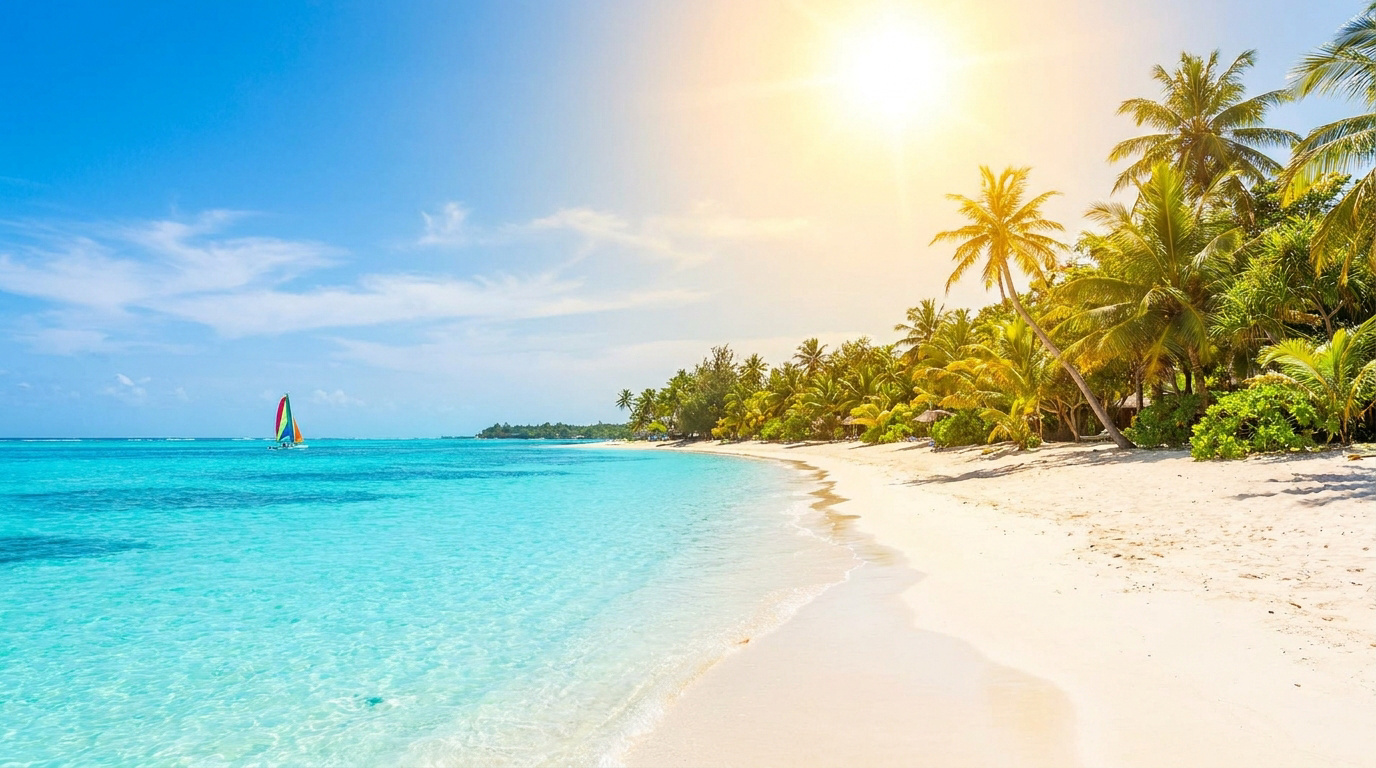 Magnifique plage de l'île Maurice avec sable fin, mer turquoise, palmiers verdoyants et un voilier coloré sous le soleil.