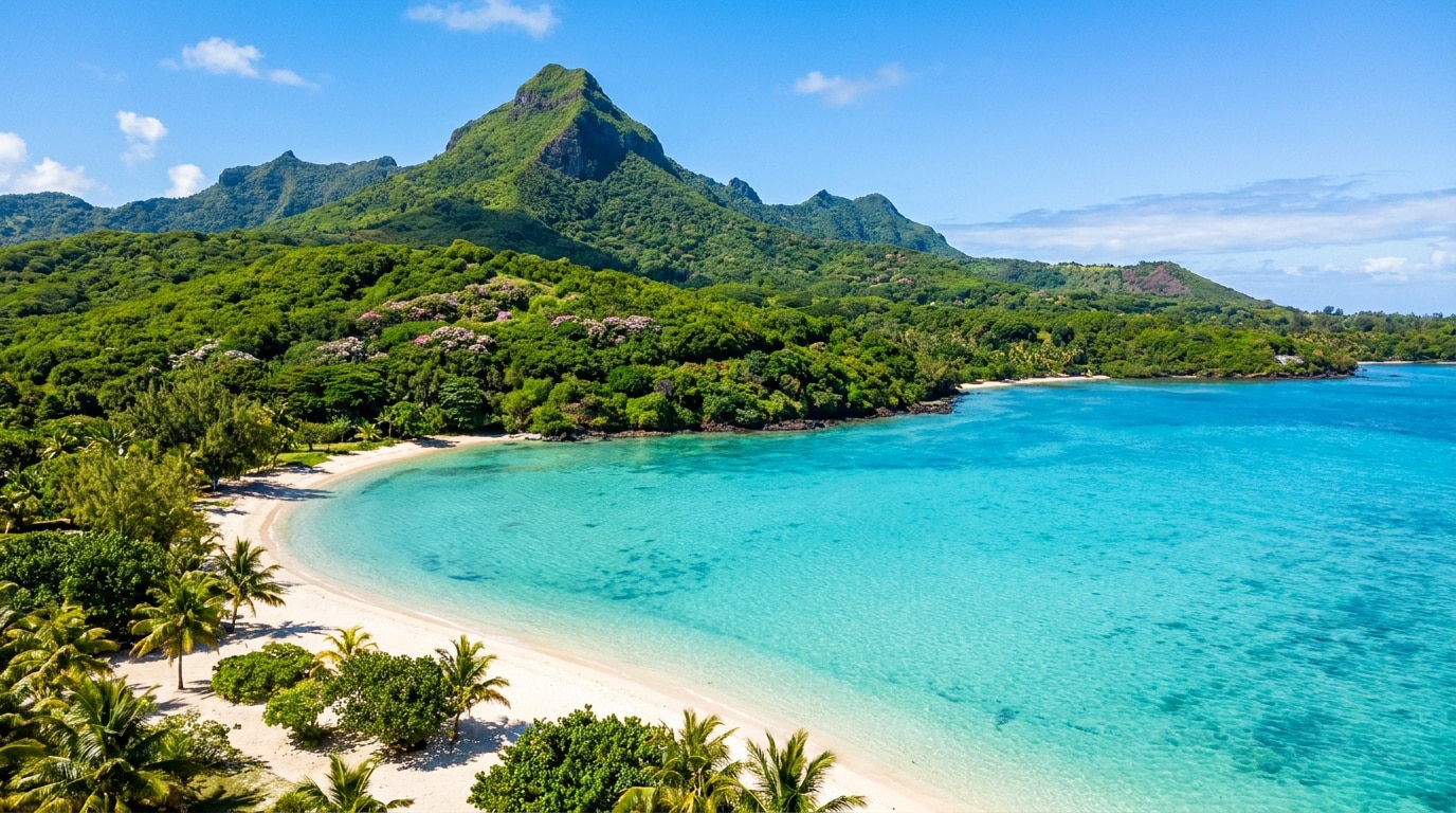 Vue aérienne d'une plage de sable blanc bordée de palmiers, avec des eaux turquoise transparentes et des montagnes vertes luxuriantes.
