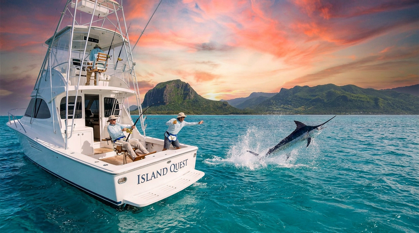 Marlin bondissant près d'un bateau de pêche à l'île Maurice, avec des montagnes et un coucher de soleil vibrant.