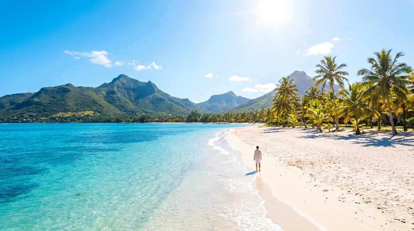 Plage de sable blanc à l'île Maurice. Océan turquoise, palmiers, montagnes verdoyantes. Une personne marche tranquillement le long du rivage.