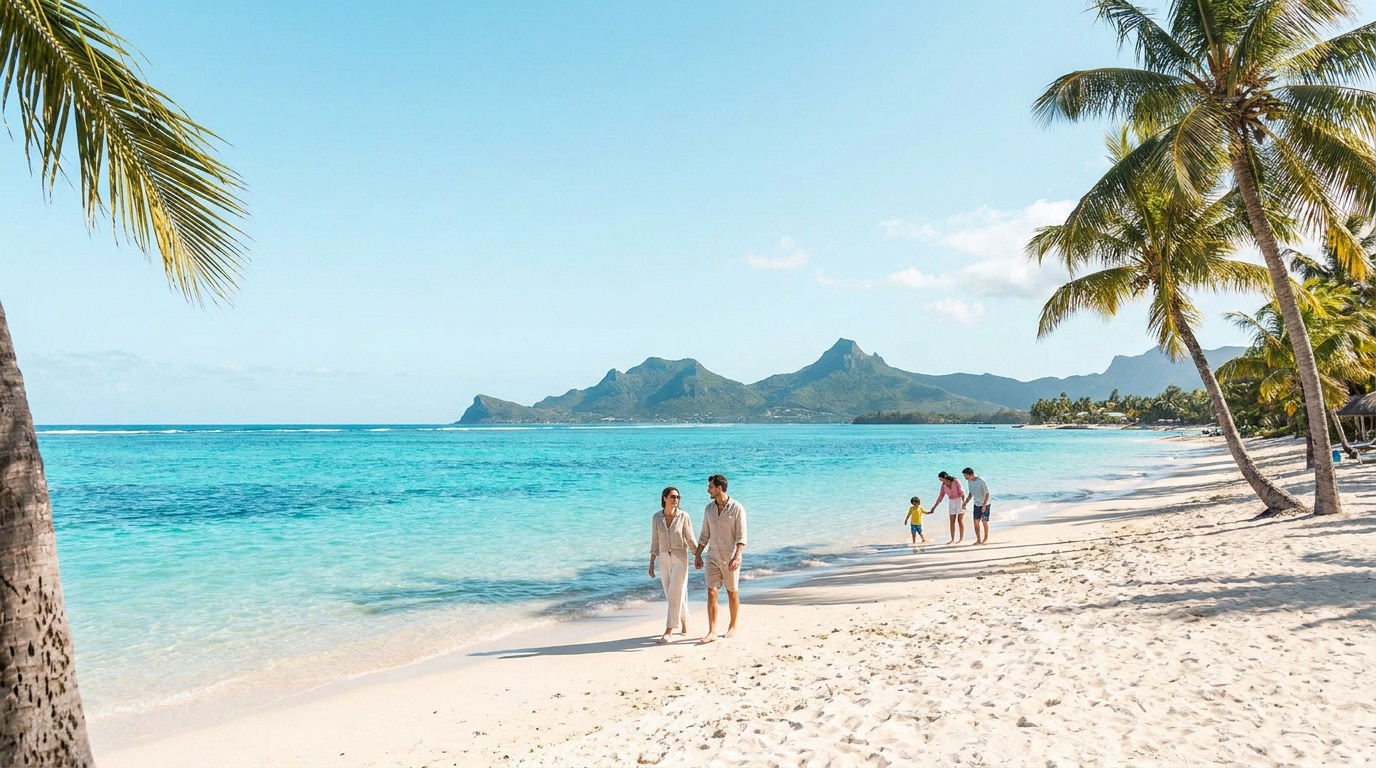 Plage de l'île Maurice avec sable blanc, mer turquoise, palmiers. Un couple et une famille se promènent. Montagnes lointaines.