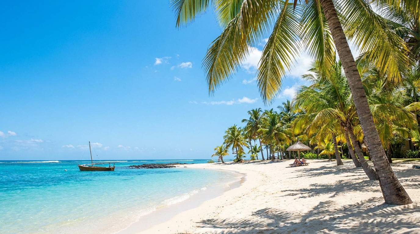 Plage idyllique de l'île Maurice : sable blanc, mer turquoise, palmiers. Un voilier et des transats sous un ciel bleu.