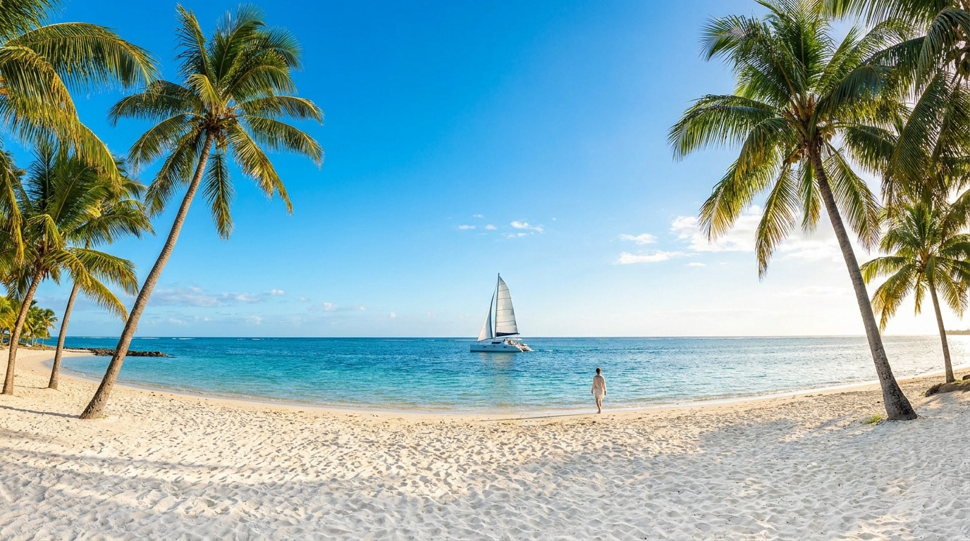 Plage de sable fin à Grand Baie avec palmiers, mer turquoise, un catamaran et une personne admirant le paysage ensoleillé.