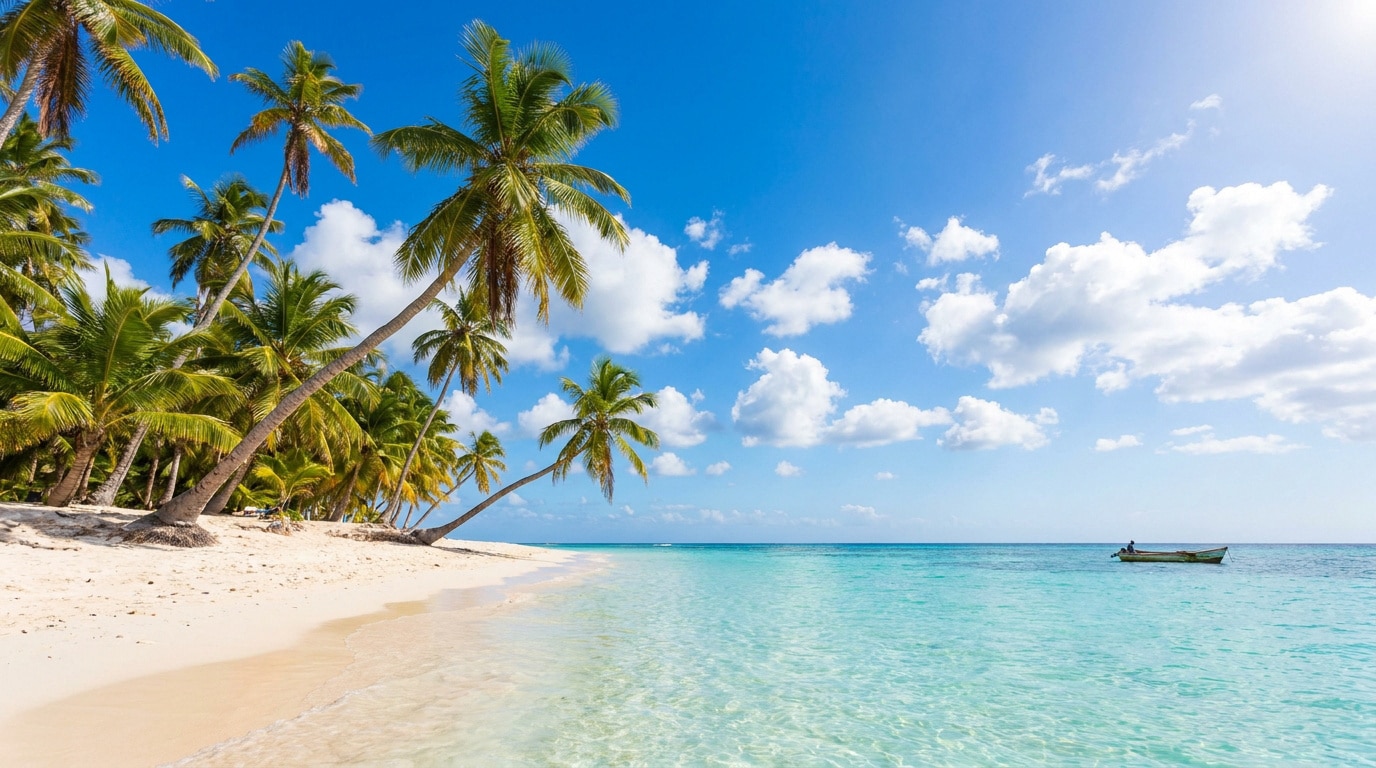 Magnifique plage de l'île Saona avec sable blanc, cocotiers luxuriants, mer turquoise transparente et ciel bleu. Un bateau dérive au loin.