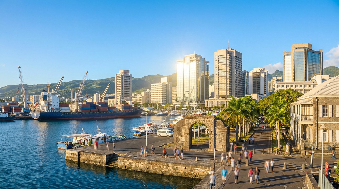 Vue de Port-Louis, île Maurice, montrant un port industriel, des gratte-ciel modernes et une rue animée sous le soleil.