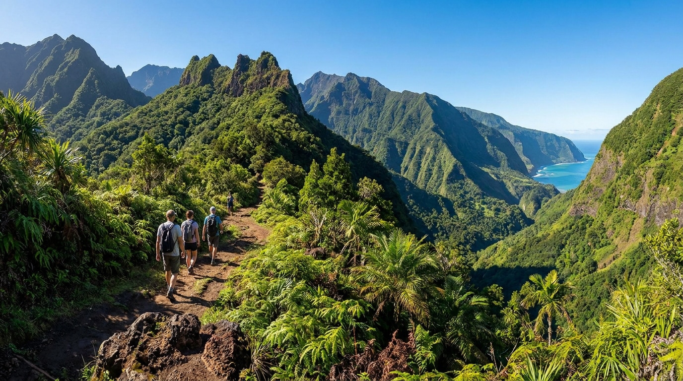 Des randonneurs sur un sentier rocailleux luxuriant à La Réunion, avec des montagnes verdoyantes et l'océan turquoise au loin.