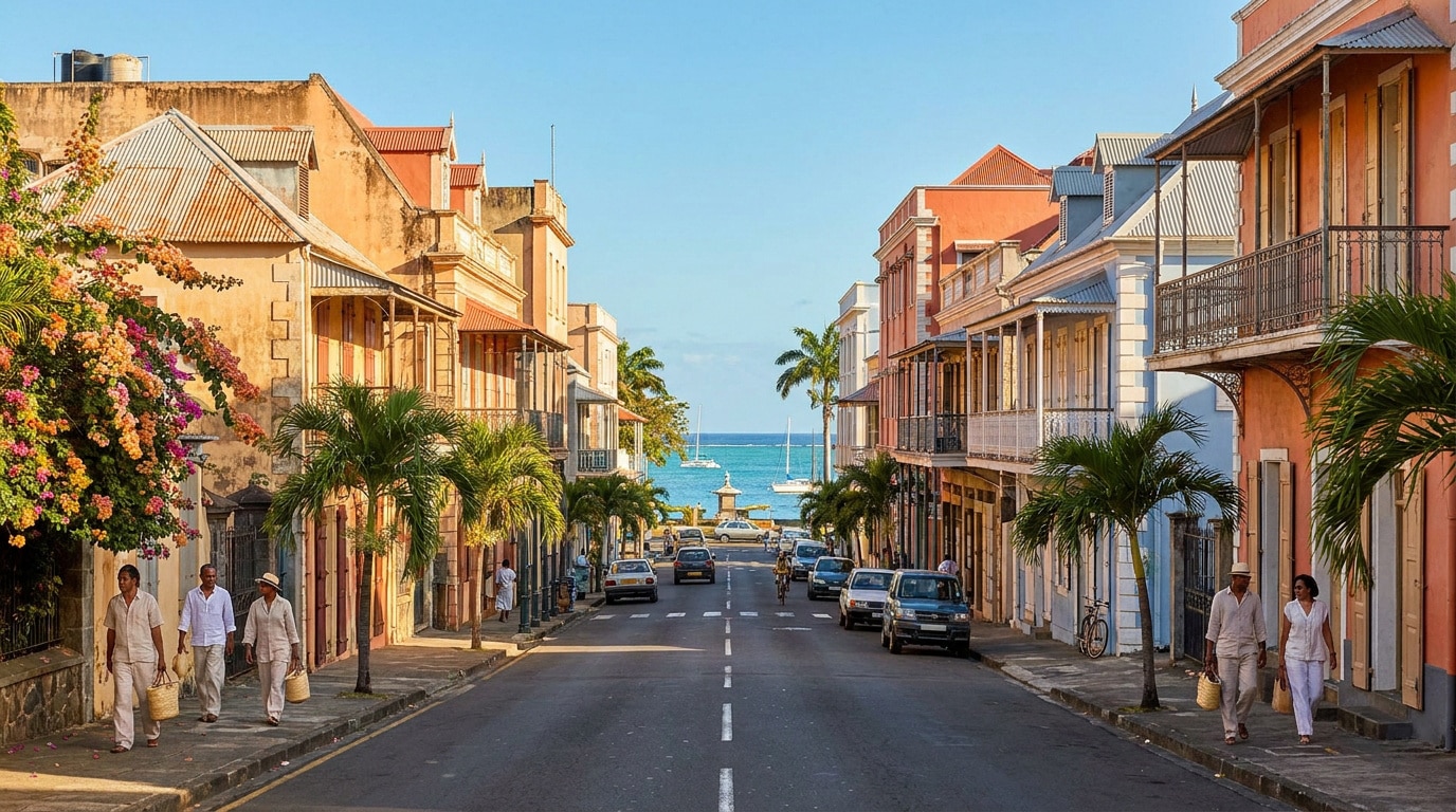Vue d'une rue historique de Port Louis menant à la mer, bordée de maisons colorées, de palmiers et de passants.