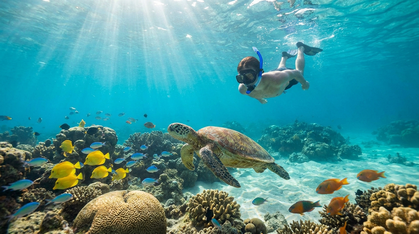 Un plongeur en apnée observe une tortue de mer nager près d'un récif corallien foisonnant de poissons colorés sous le soleil.