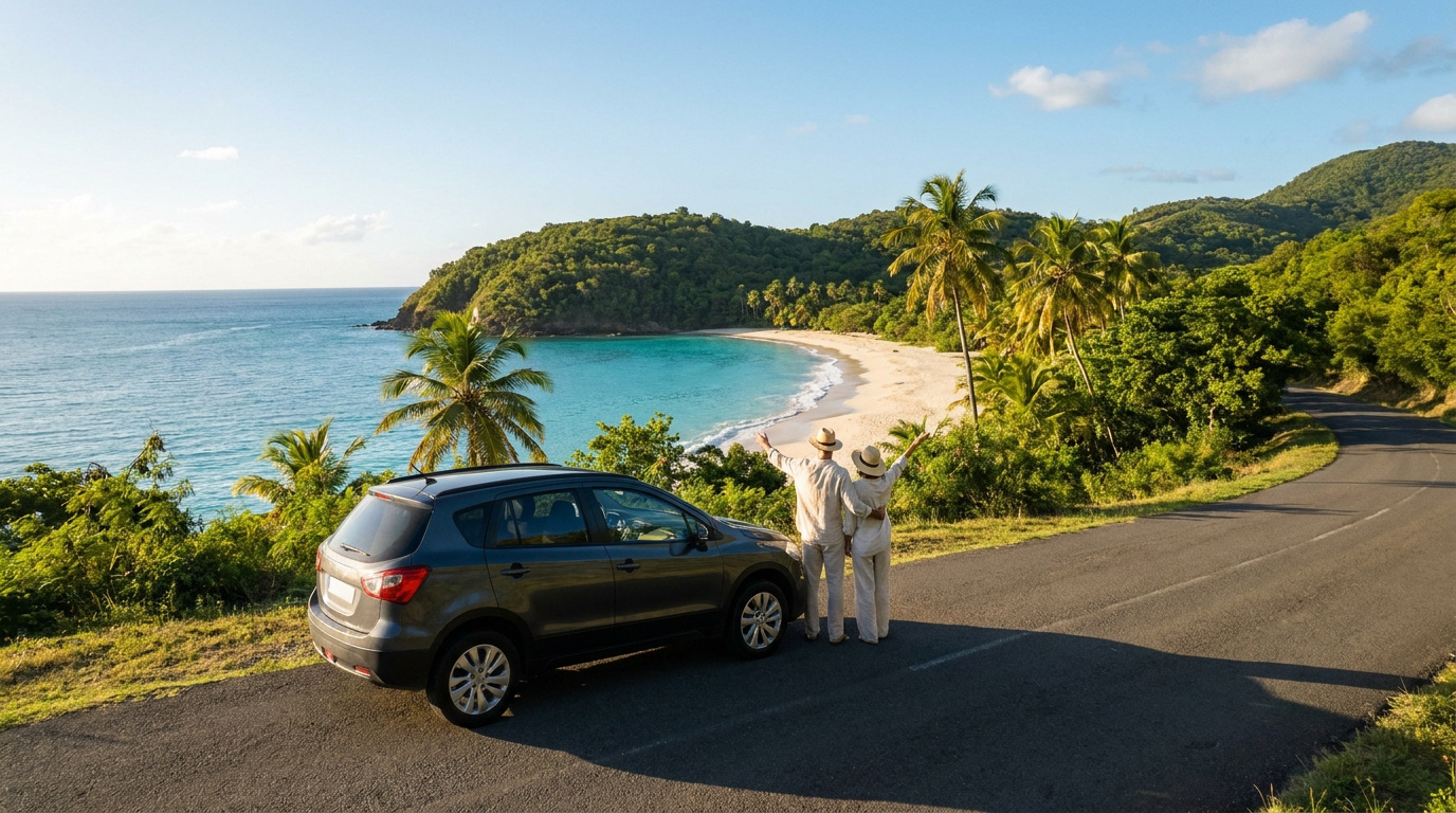 Couple en Martinique admirant une plage paradisiaque depuis une route côtière. Un SUV gris est garé à côté d'eux.