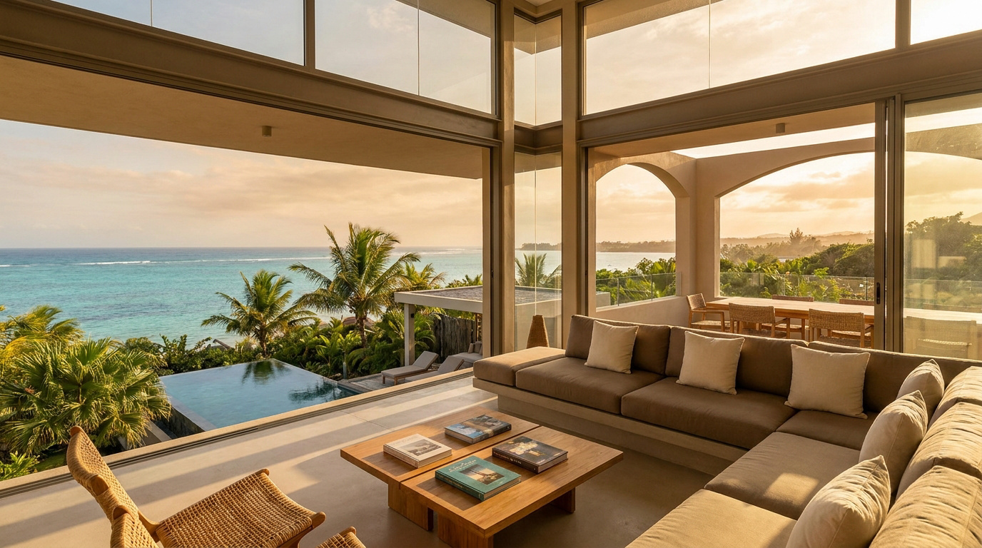 Salon moderne de villa de luxe avec vue imprenable sur l'océan turquoise, plage, palmiers et piscine à débordement à Maurice.