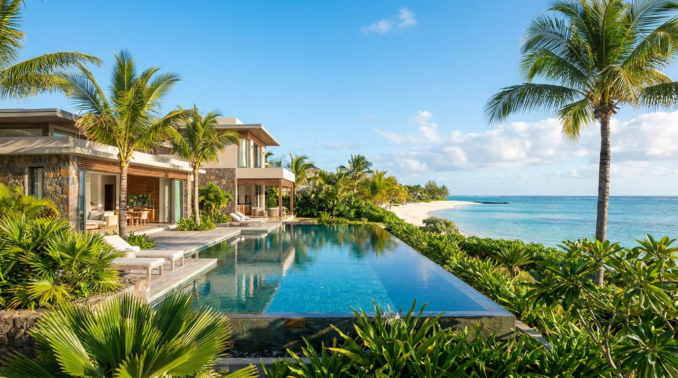 Magnifique villa moderne avec piscine à débordement face à une plage de sable blanc et la mer turquoise de l'Île Maurice, palmiers.