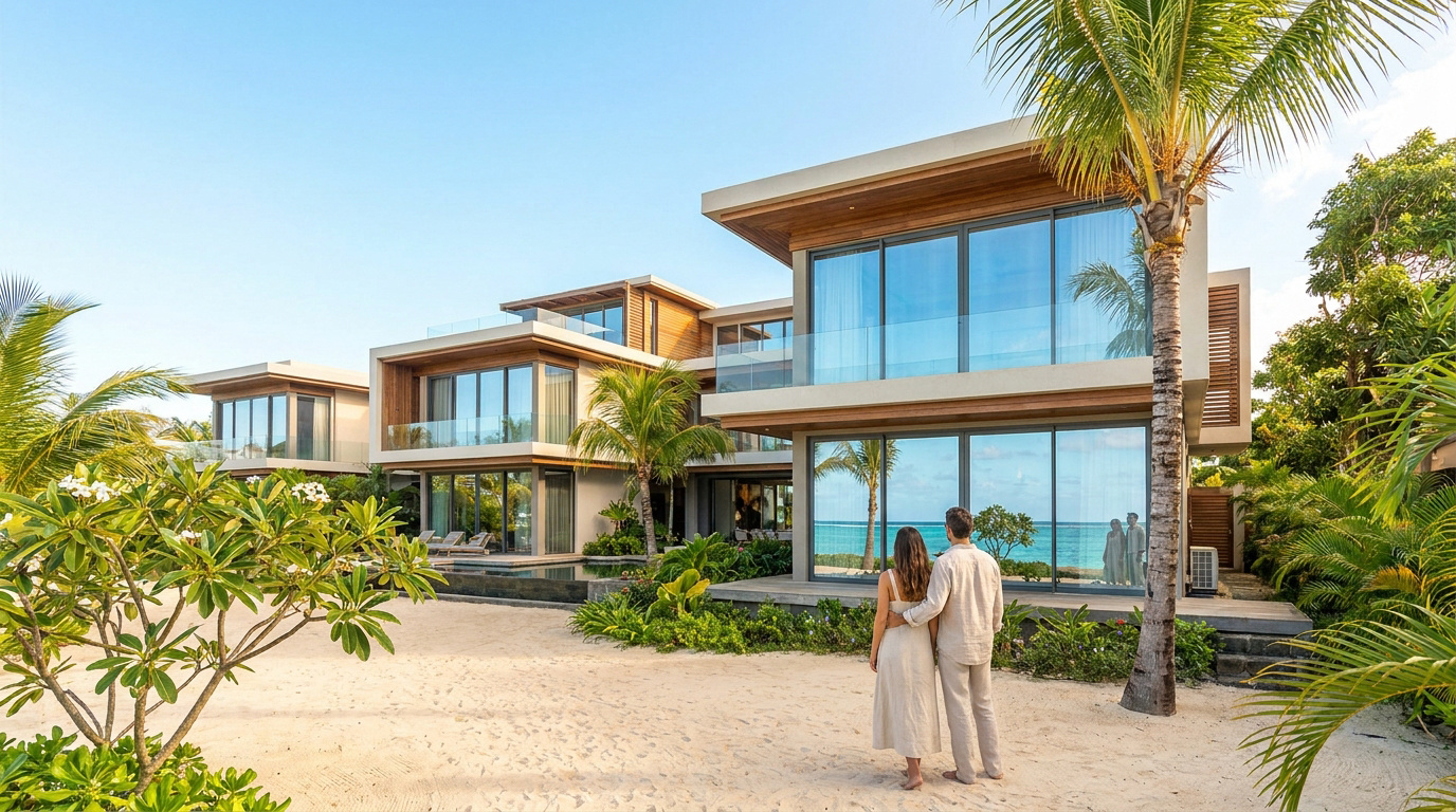 Un couple admire de luxueuses villas modernes en bord de mer à Maurice, avec plage de sable fin et palmiers.