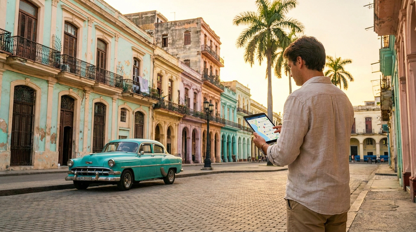 Homme naviguant sur tablette devant une rue de La Havane avec des bâtiments coloniaux colorés et une voiture vintage turquoise.